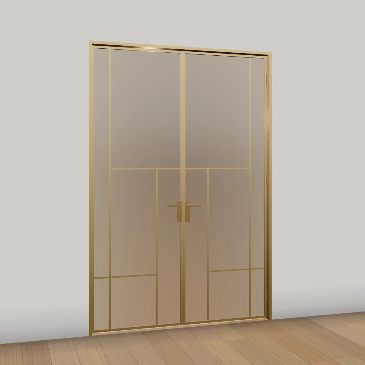 Zweiflügelige Drehtür in Gold mit satiniertem Bronzeglas