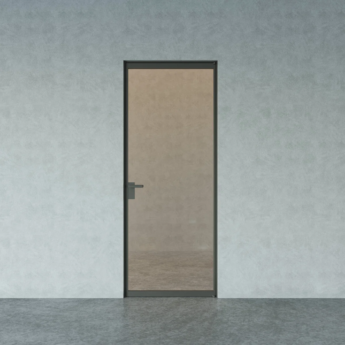 Einflügelige Drehtür mit Bronzeglas in einer hellen Wand