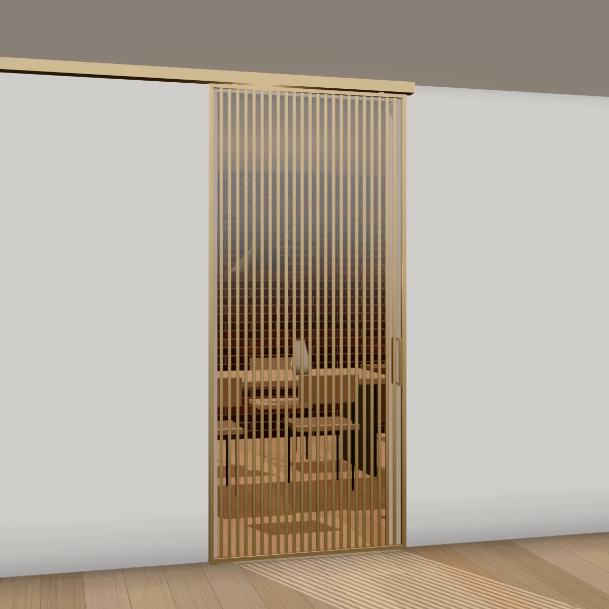Raumhohe Schiebetür in Gold mit Deckenmontage